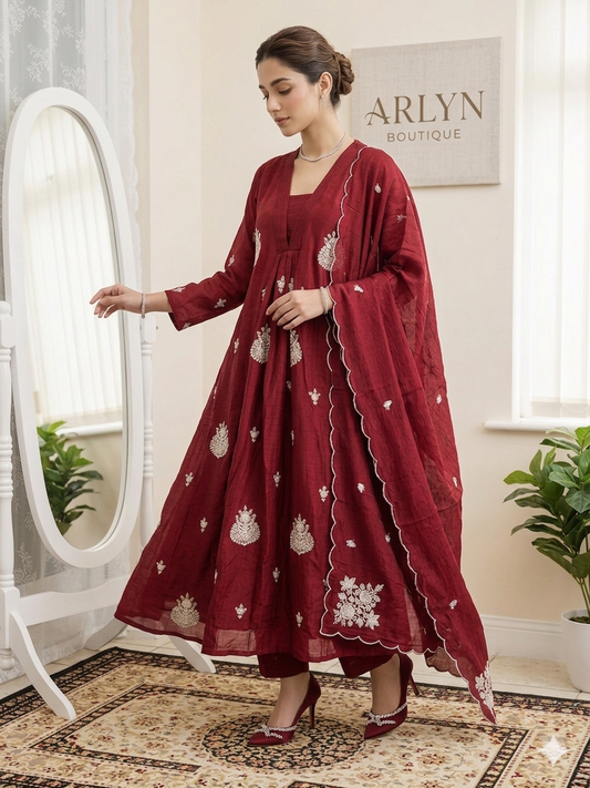 MIRA 12 -Deep Crimson red chinon Flared suit