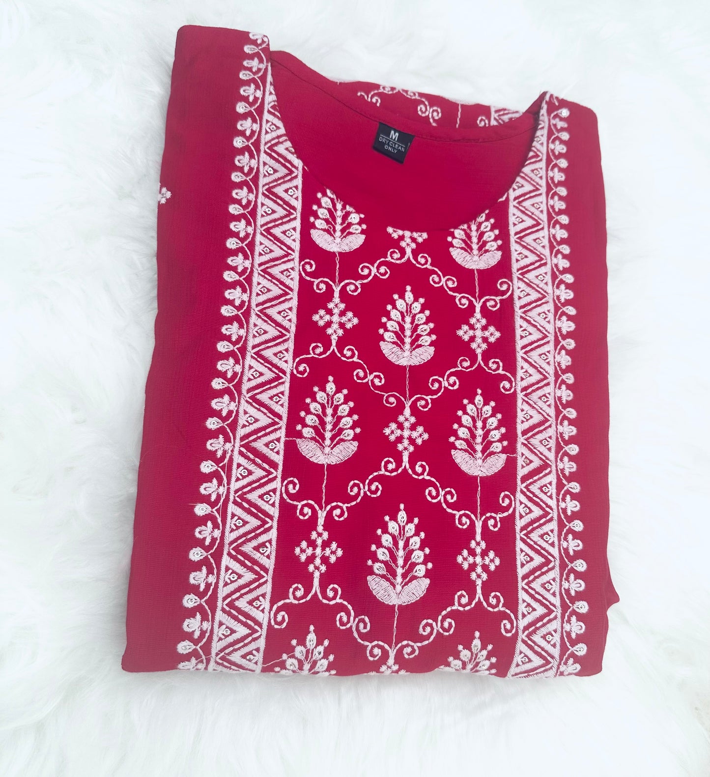 Raspberry Red and  White Thread Work kurta Top