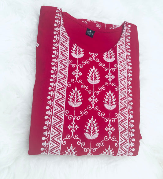 Raspberry Red and  White Thread Work kurta Top