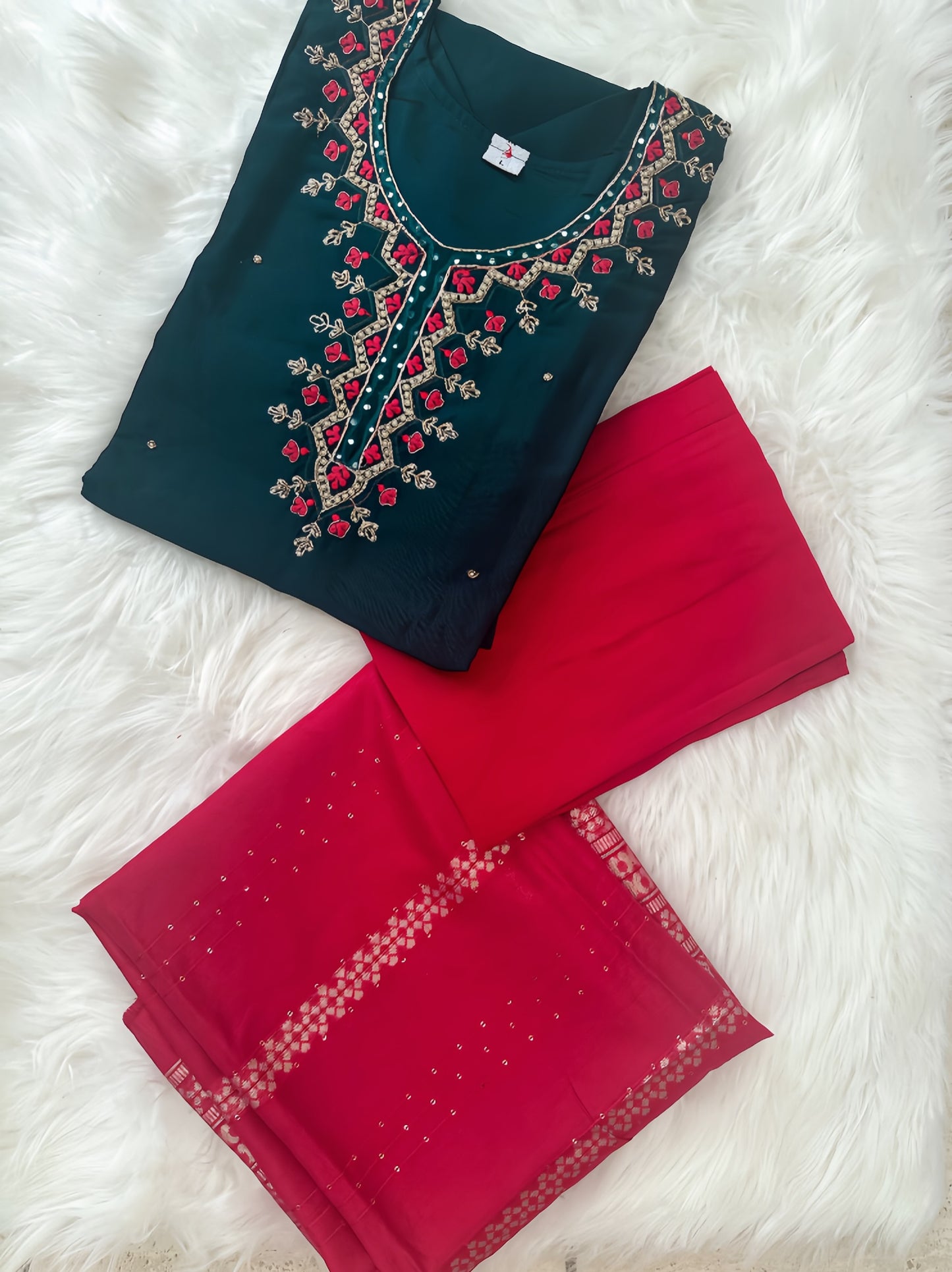 Teal Green Embroidered Suit with Red Dupatta