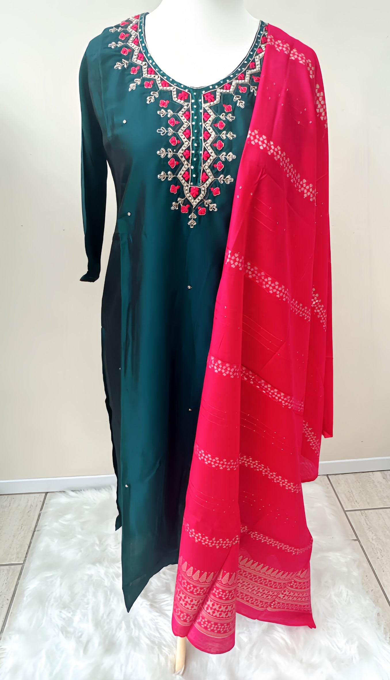 Teal Green Embroidered Suit with Red Dupatta