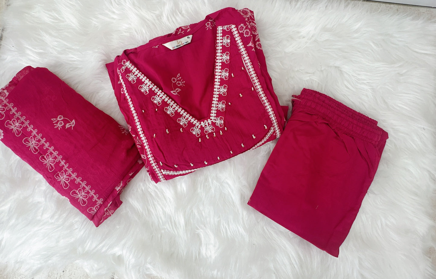 Magenta Pink Suit with White Thread Embroidery