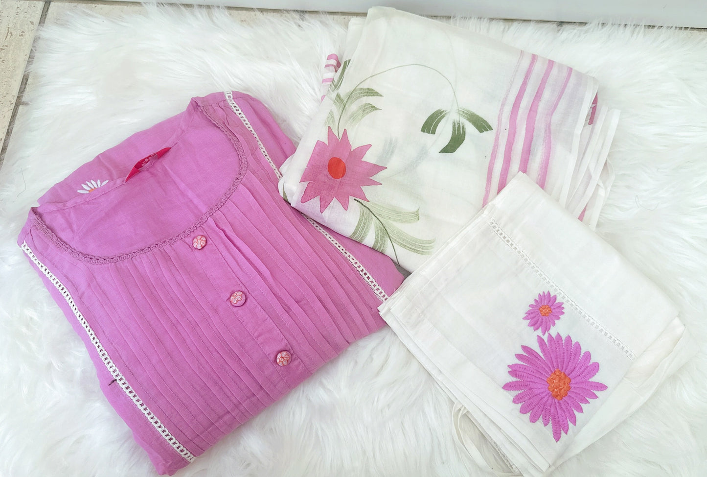 Lilac & White  Mulmul Cotton Suit with Floral Embroidery