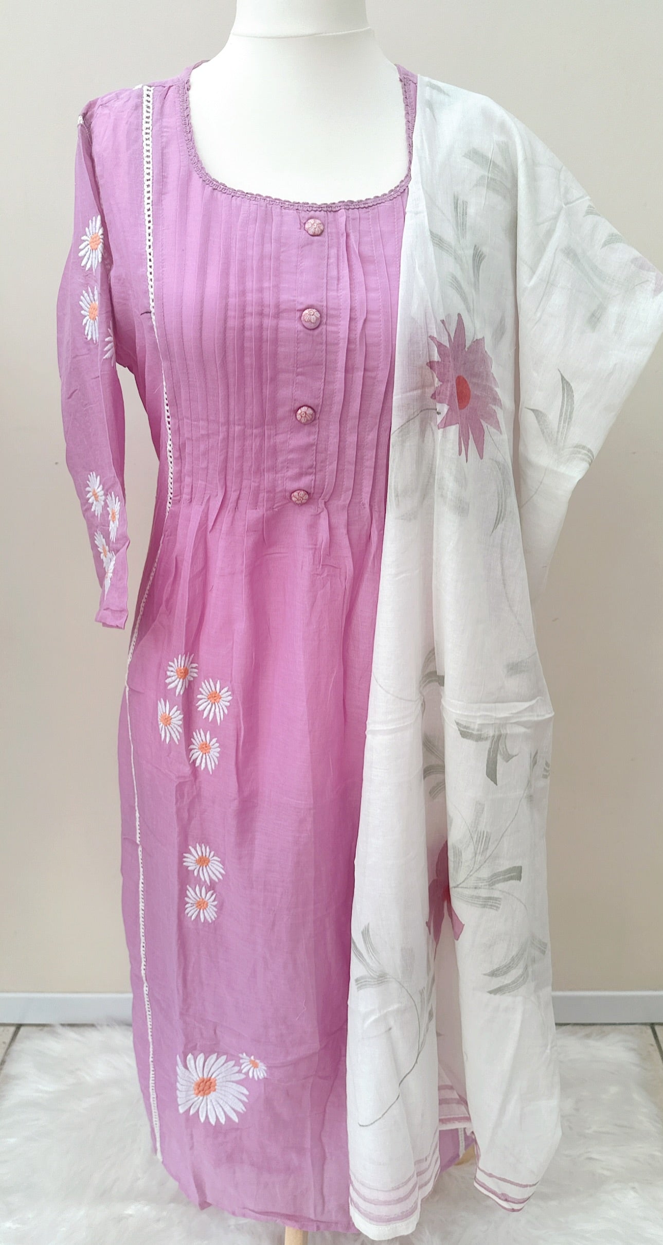 Lilac & White  Mulmul Cotton Suit with Floral Embroidery