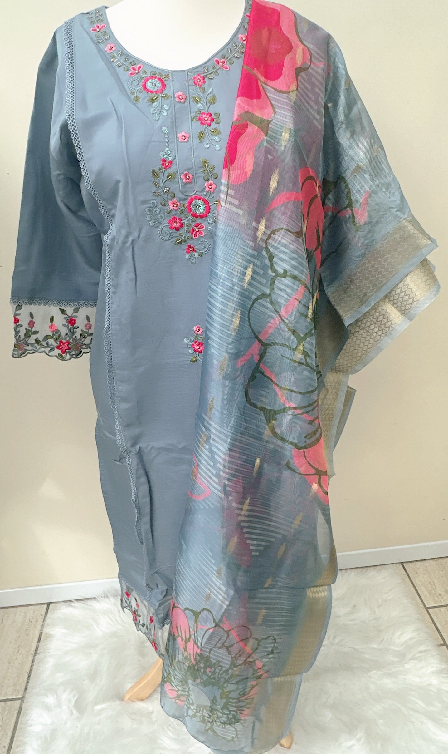 Slate blue and Grey Embroidered Suit with Floral Dupatta