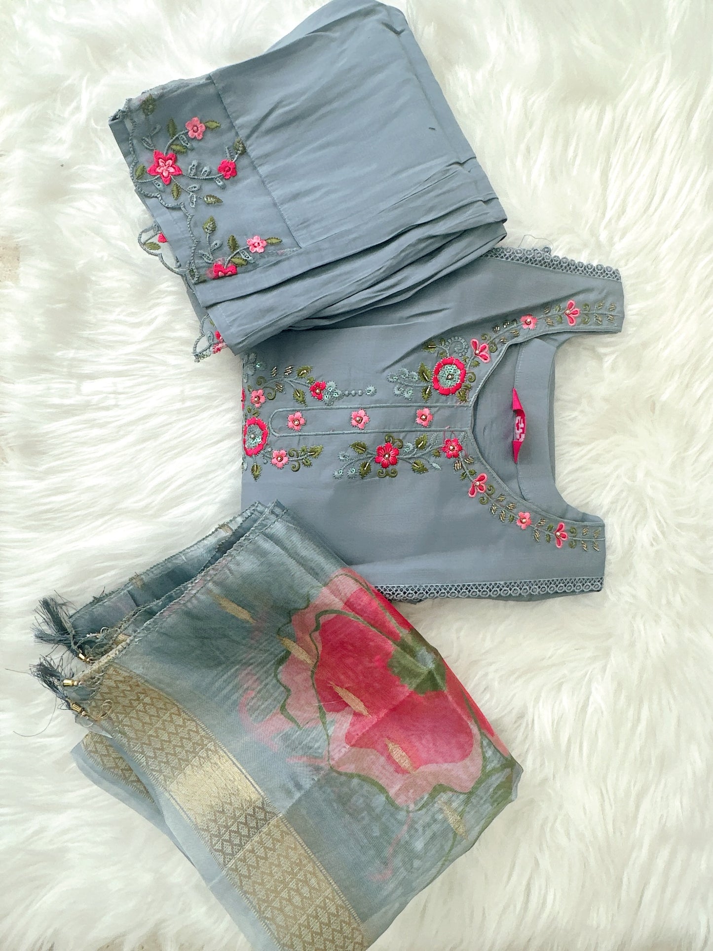 Slate blue and Grey Embroidered Suit with Floral Dupatta