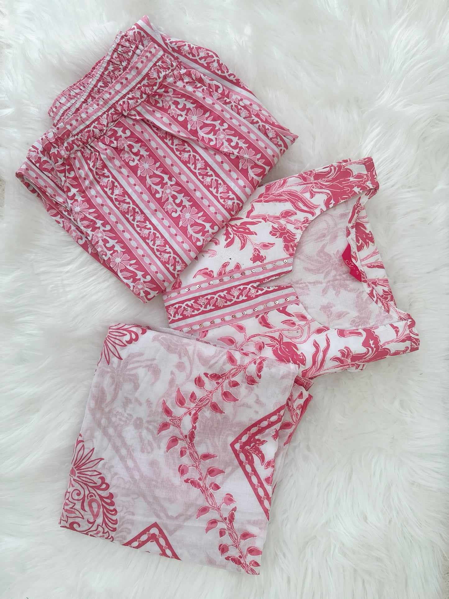 Pink & White Block Print Cotton Suit