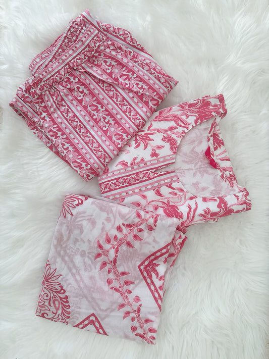 Pink & White Block Print Cotton Suit