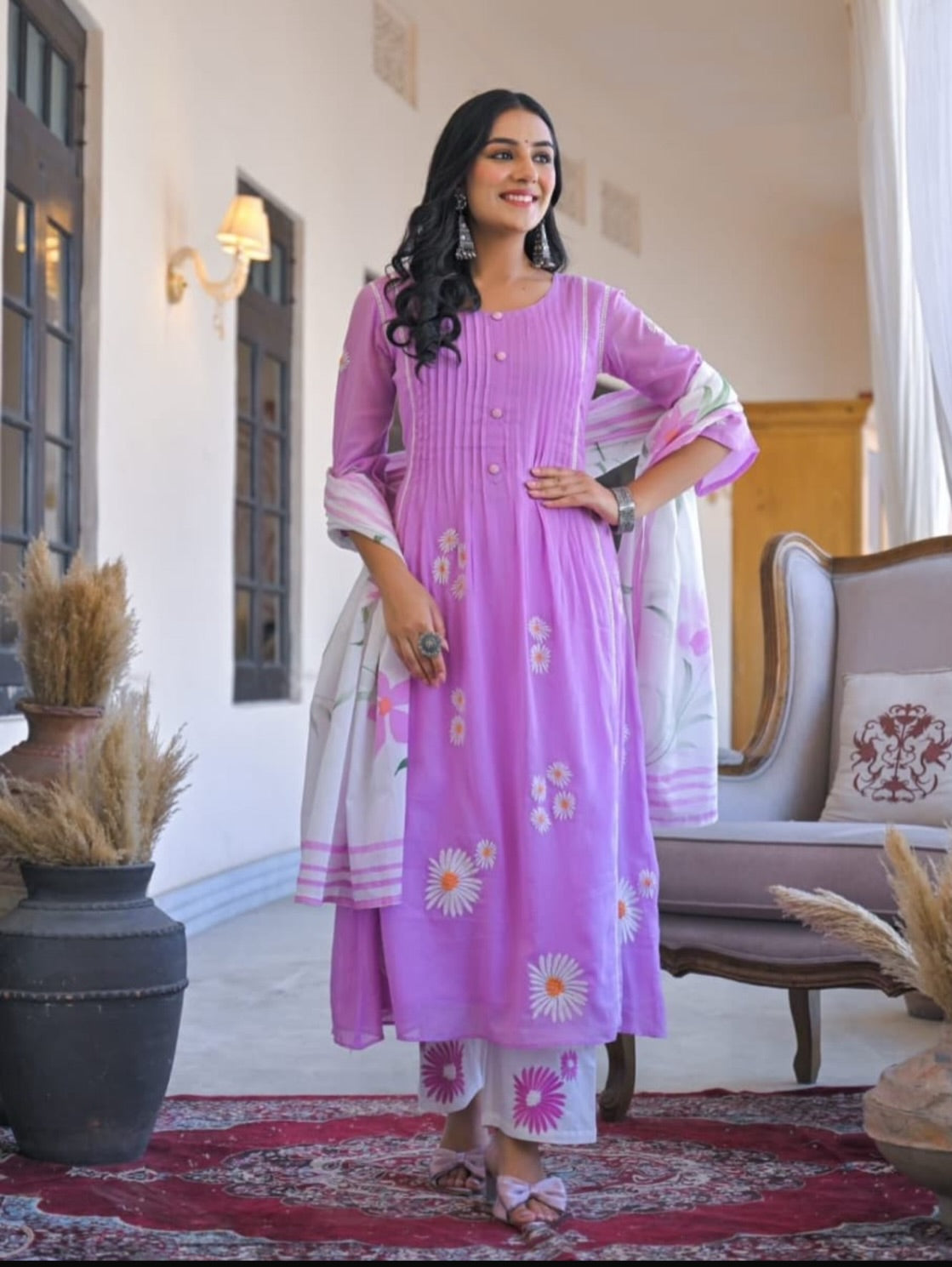 Lilac & White  Mulmul Cotton Suit with Floral Embroidery
