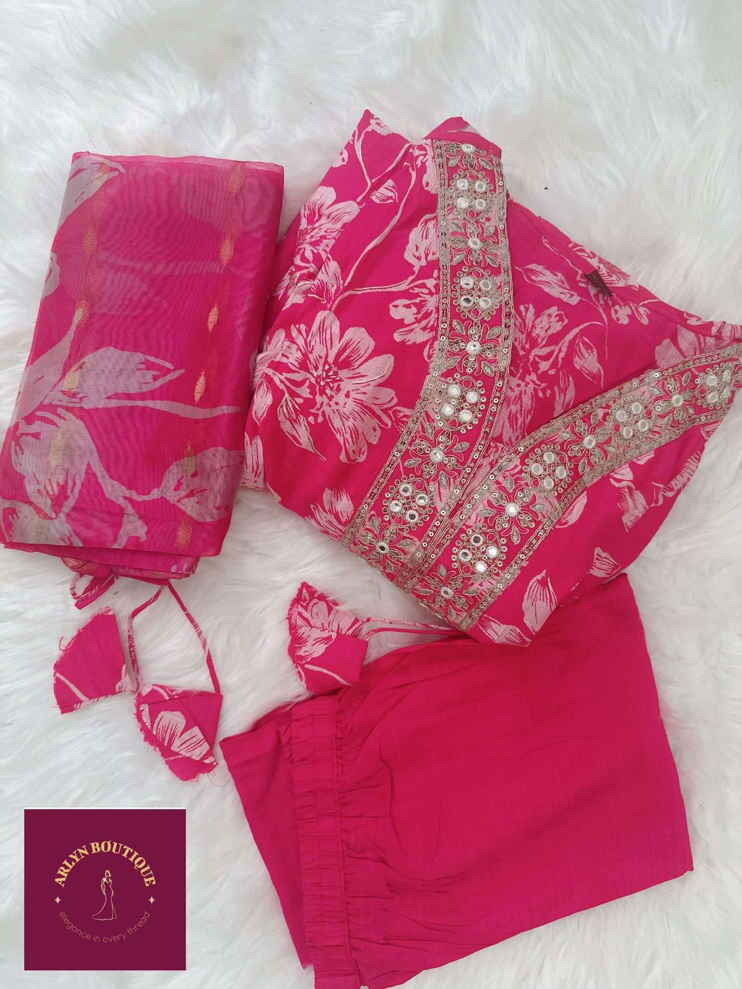 Hot Pink Suit with Mirror & Sequin Work