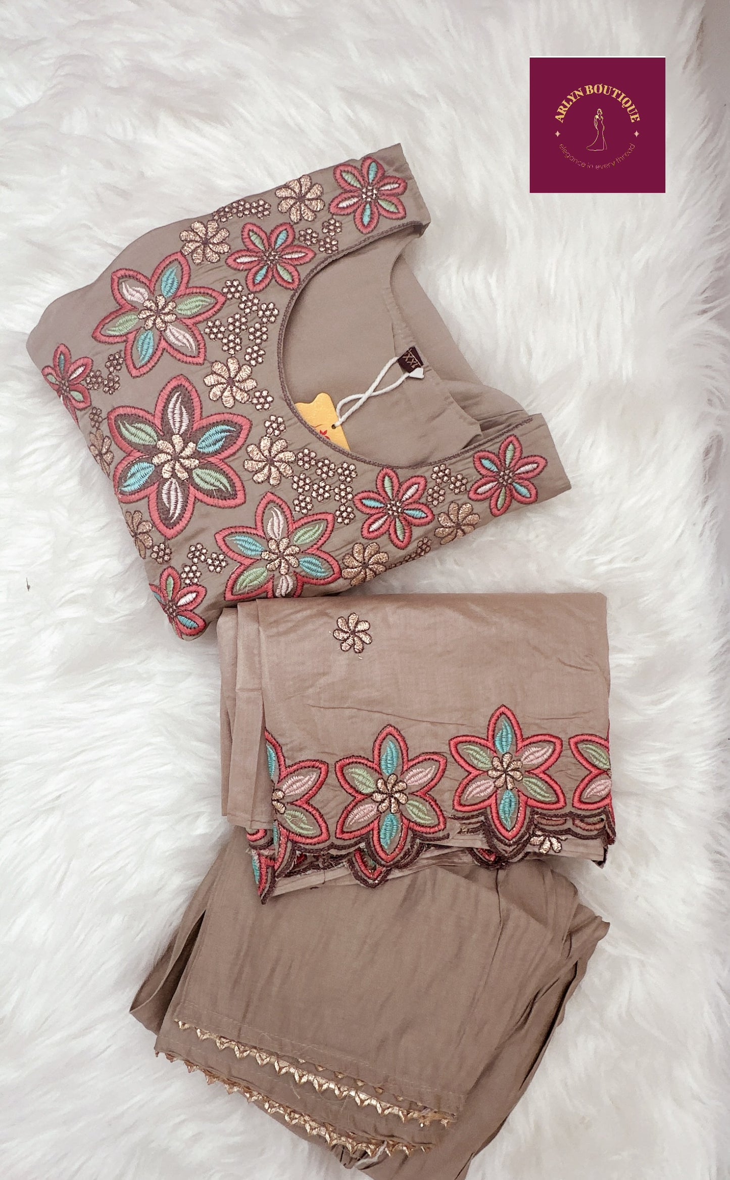 Taupe Beige Embroidered Three-Piece Suit