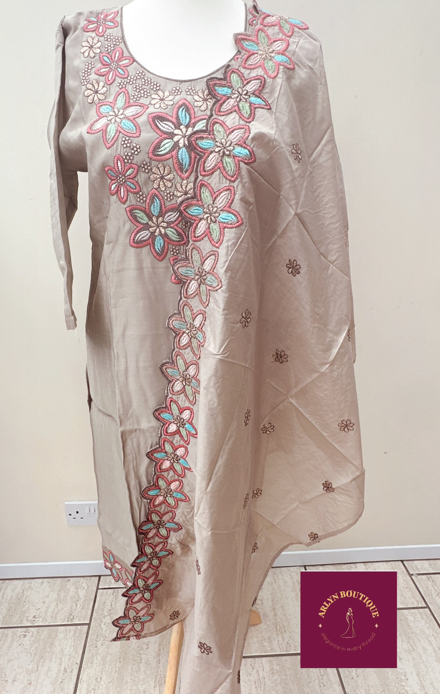 Taupe Beige Embroidered Three-Piece Suit