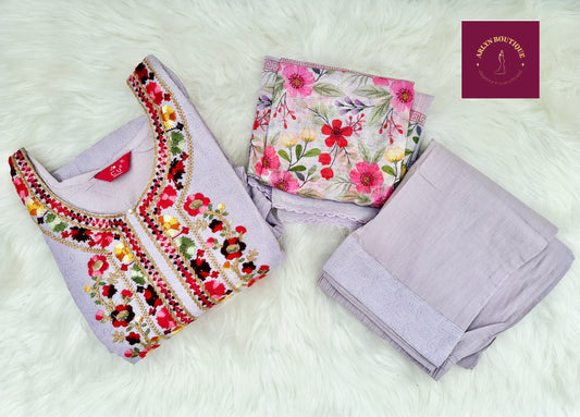 Lilac Floral Embroidered Suit Set with Printed Dupatta