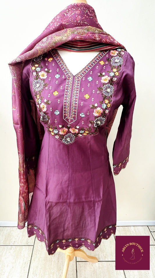 Magenta Floral Embroidered Salwar Suit Set[ Short Anarkali cotton suit]