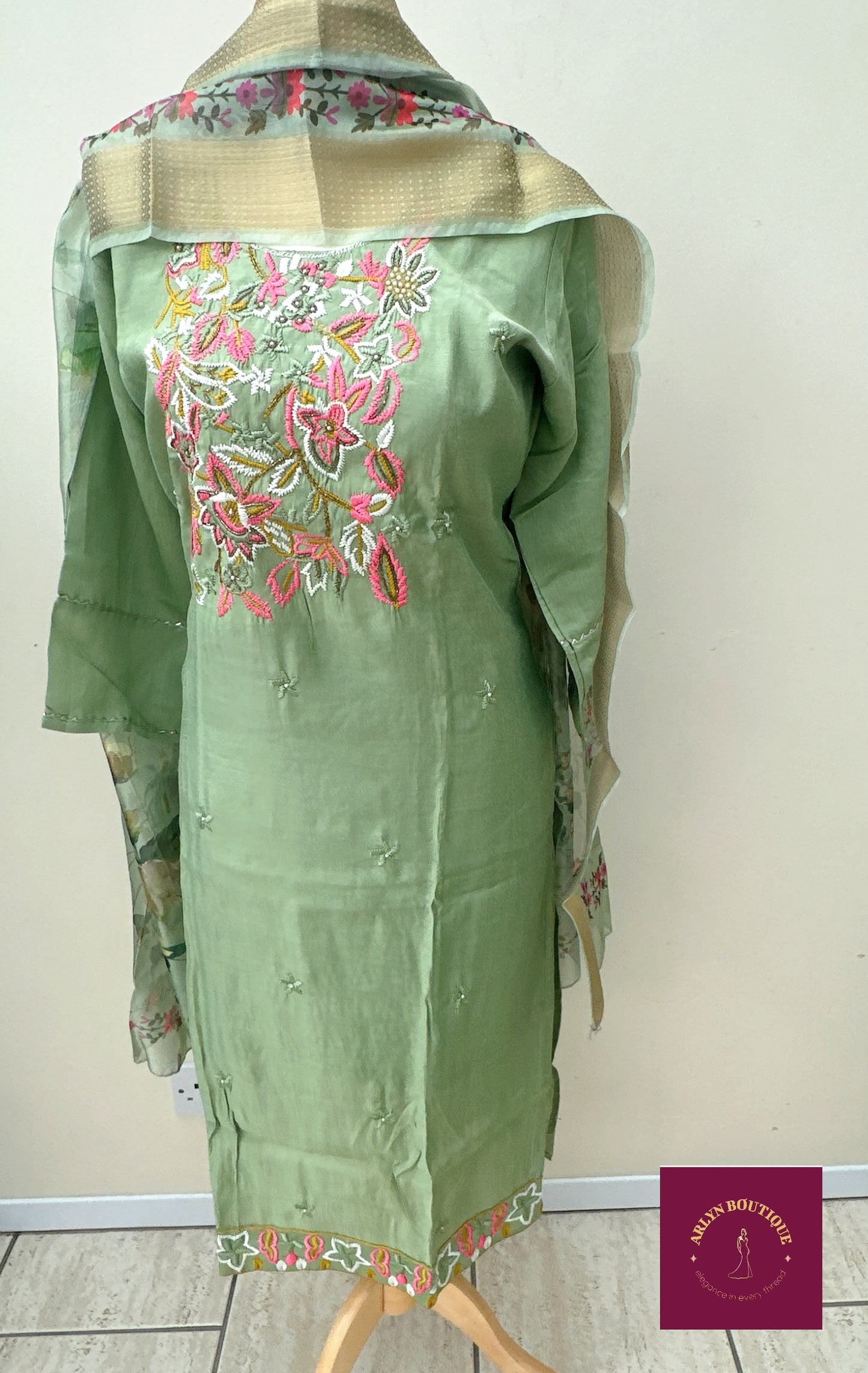 Pastel Green Floral Embroidered Salwar Suit Set