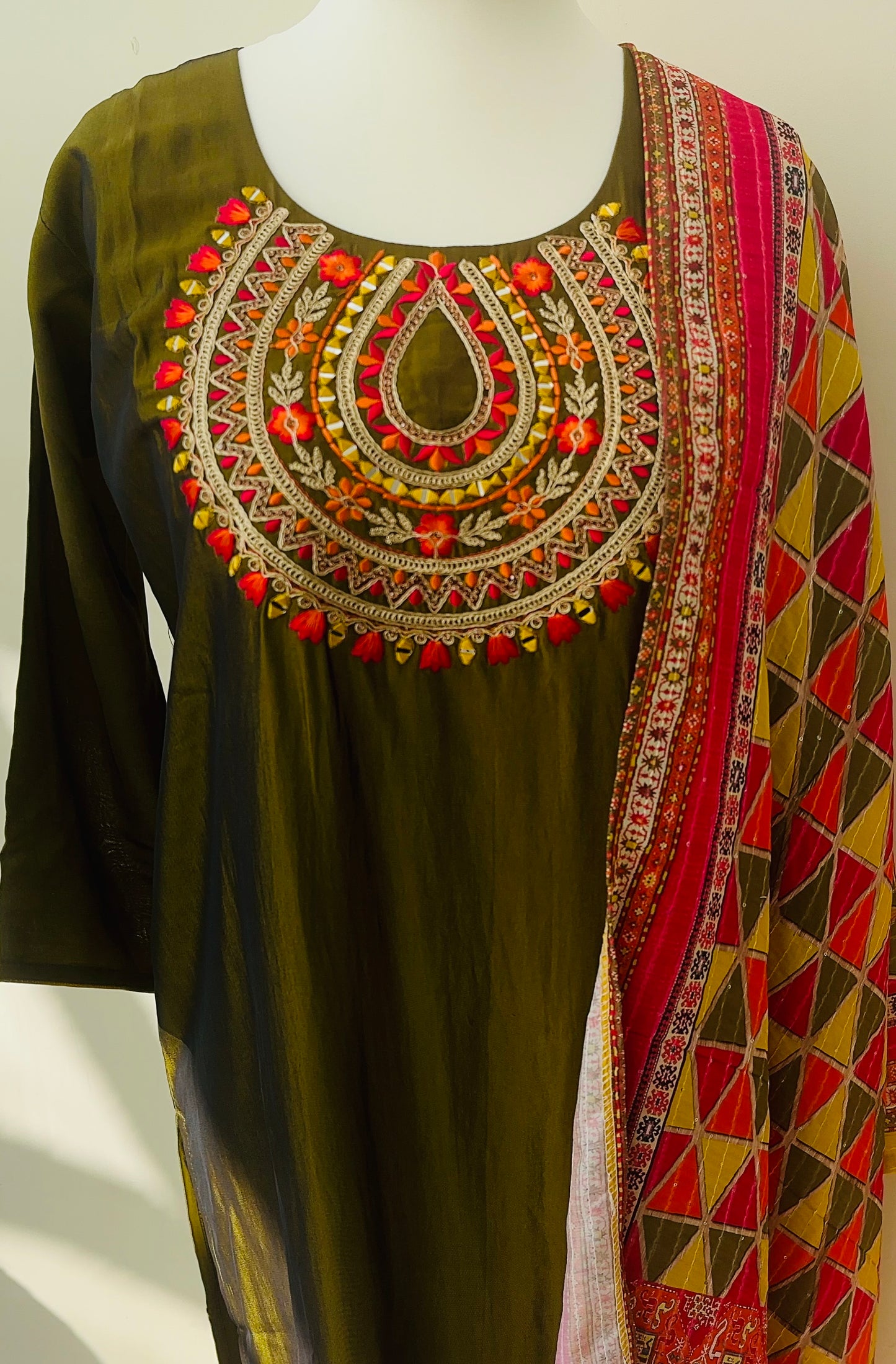 Olive Green Embroidered Suit with Geometric Dupatta