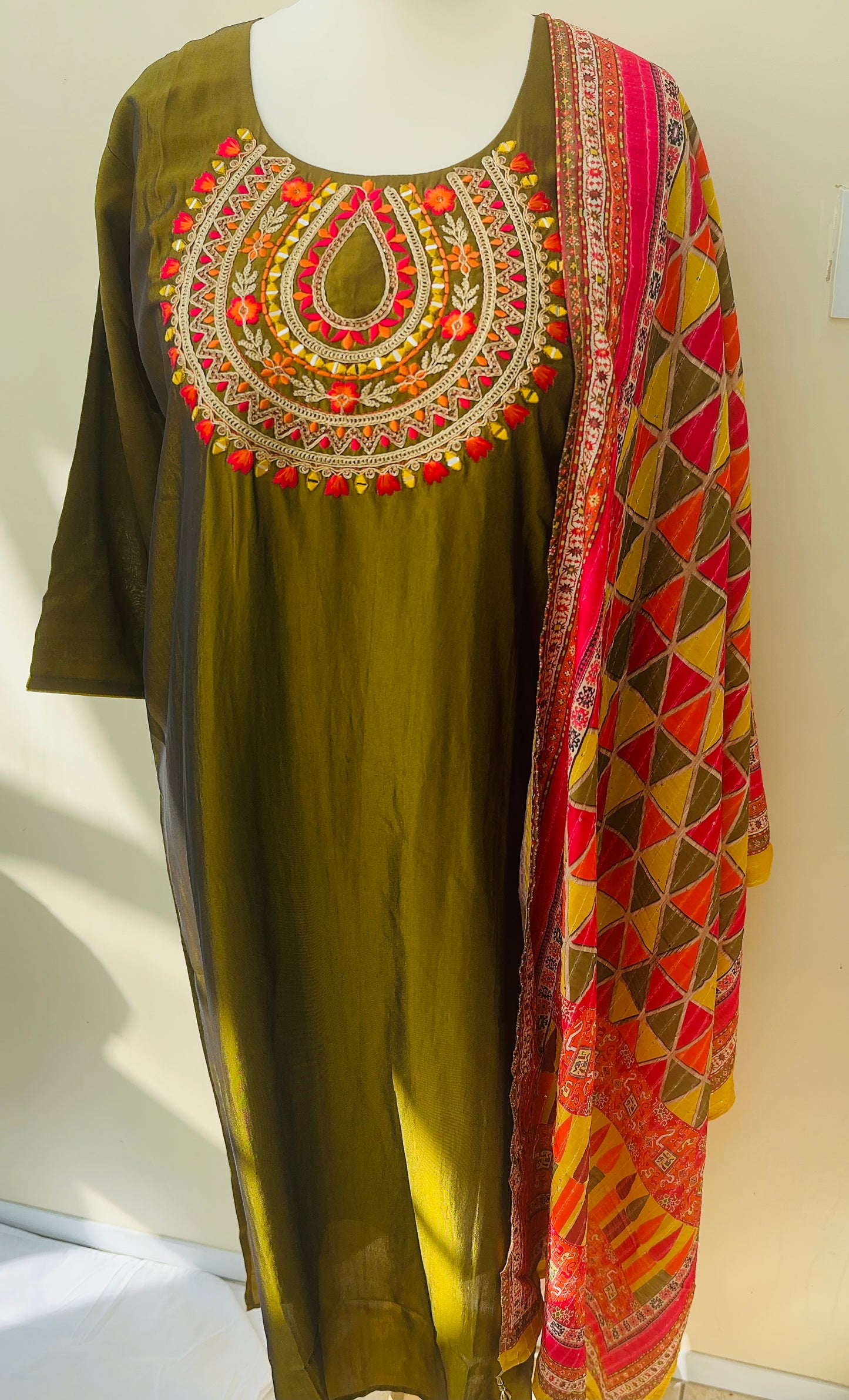 Olive Green Embroidered Suit with Geometric Dupatta