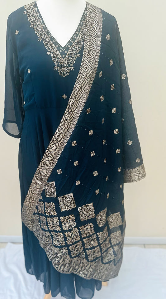 Dark Blue Golden Embroidered Anarkali Top