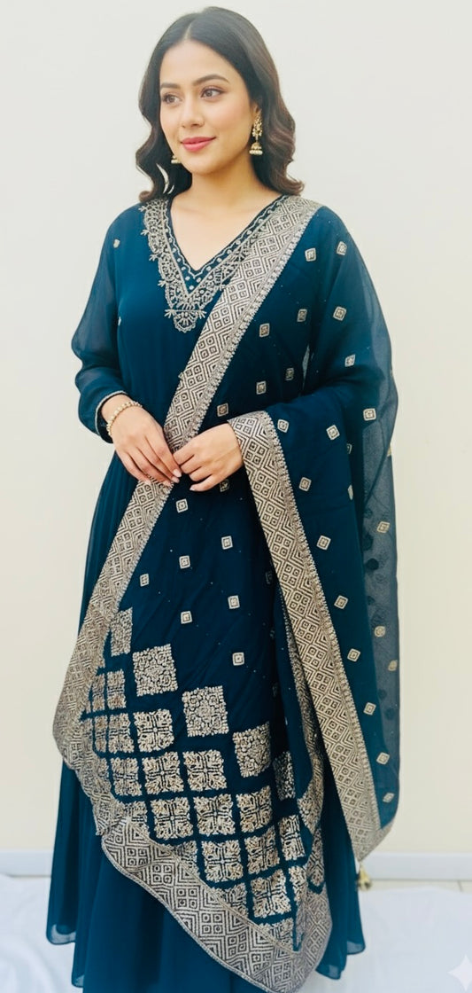 Dark Blue Golden Embroidered Anarkali Top