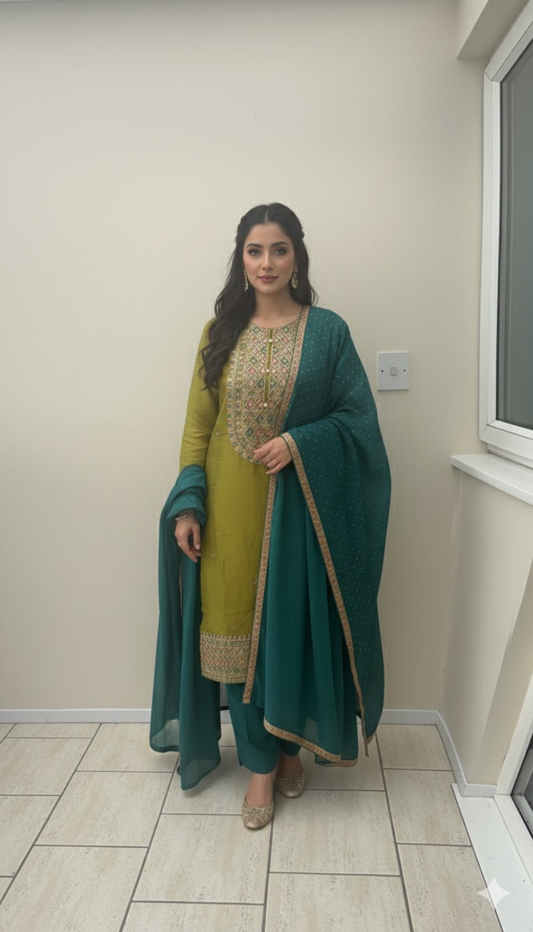Olive Green Multicolor Embroidered Set