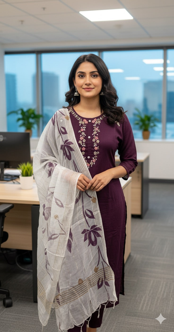 Deep Plum Floral Neck Embroidered Set