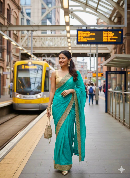 Radiant Turquoise & Gold Embellished Saree