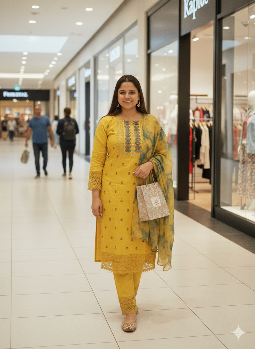 Mustard Yellow Embroidered Cotton Kurta Set