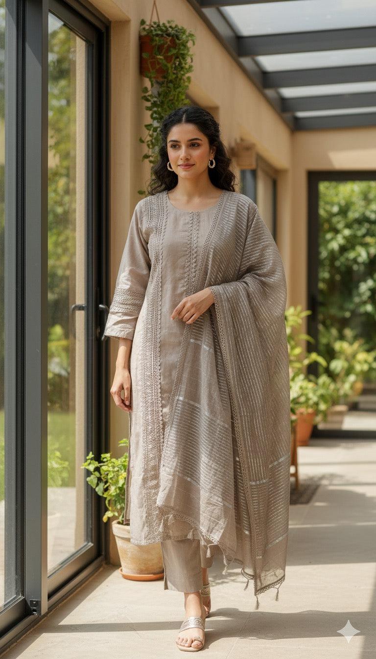 Taupe Delicate Embroidered Set