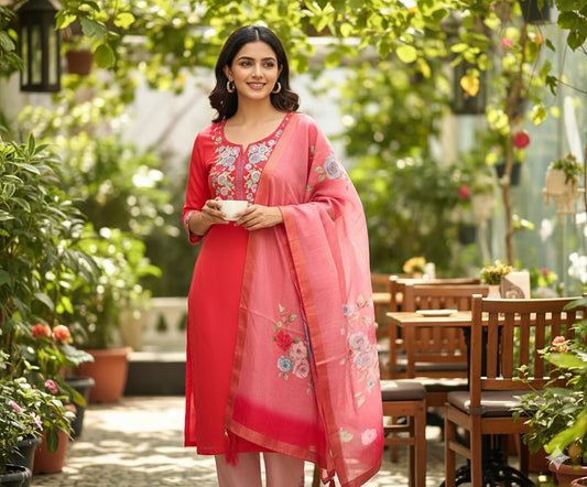 Fuchsia floral embroidered silk cotton suit set
