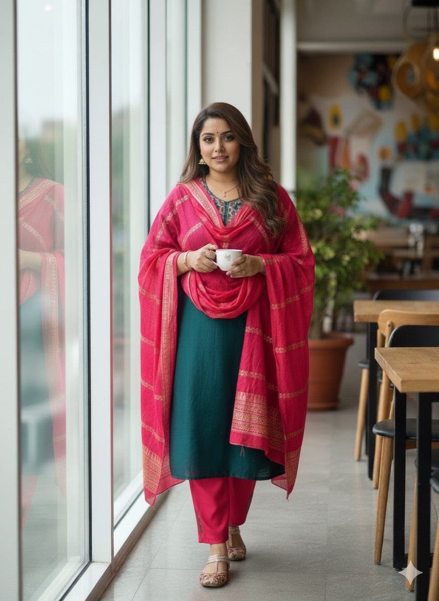 Teal Green Embroidered Suit with Red Dupatta