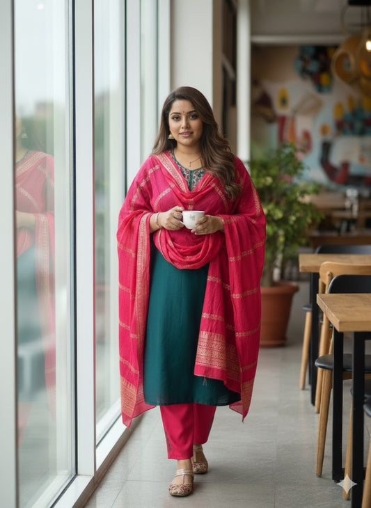 Teal Green Embroidered Suit with Red Dupatta
