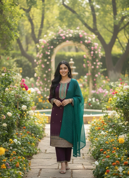 Elegant Plum &amp; Teal Embroidered Kurta Set