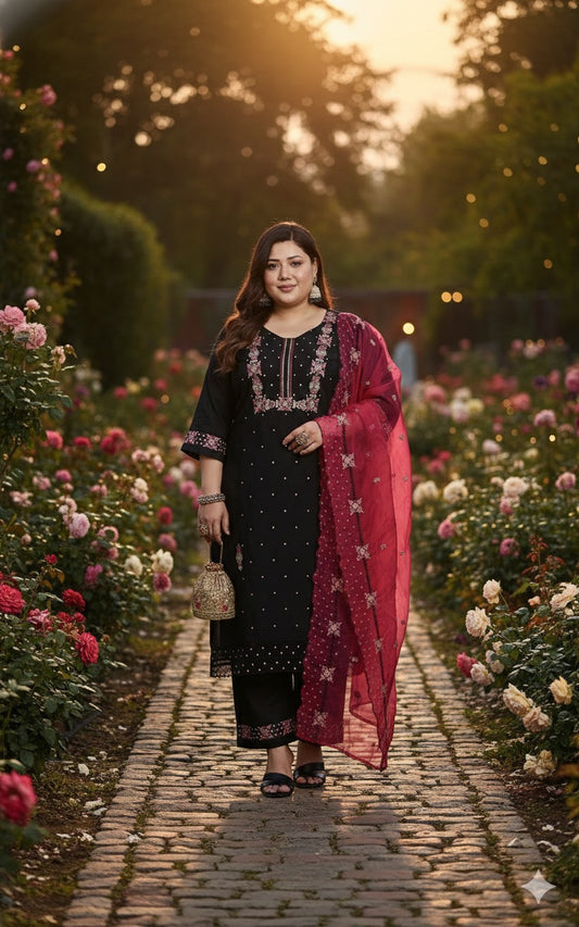 Single piece -Festive Black Kurta Set with Magenta Dupatta