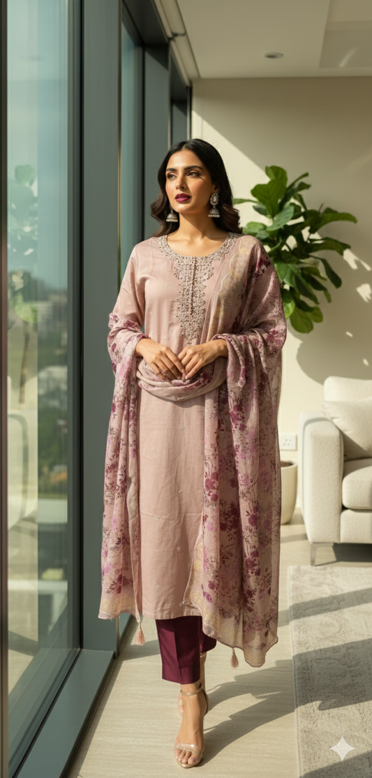 Mauve Embroidered Suit with Floral Dupatta