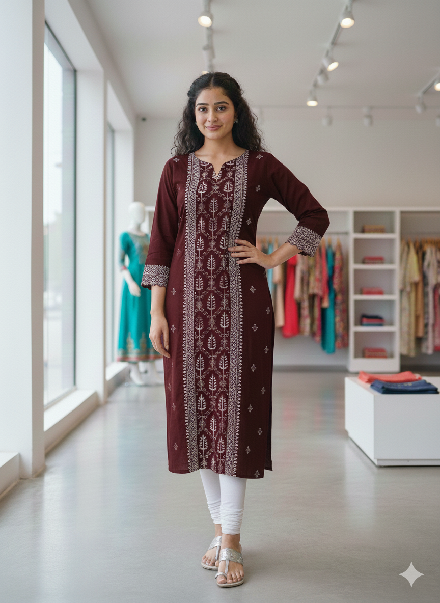 Raspberry Red and  White Thread Work kurta Top