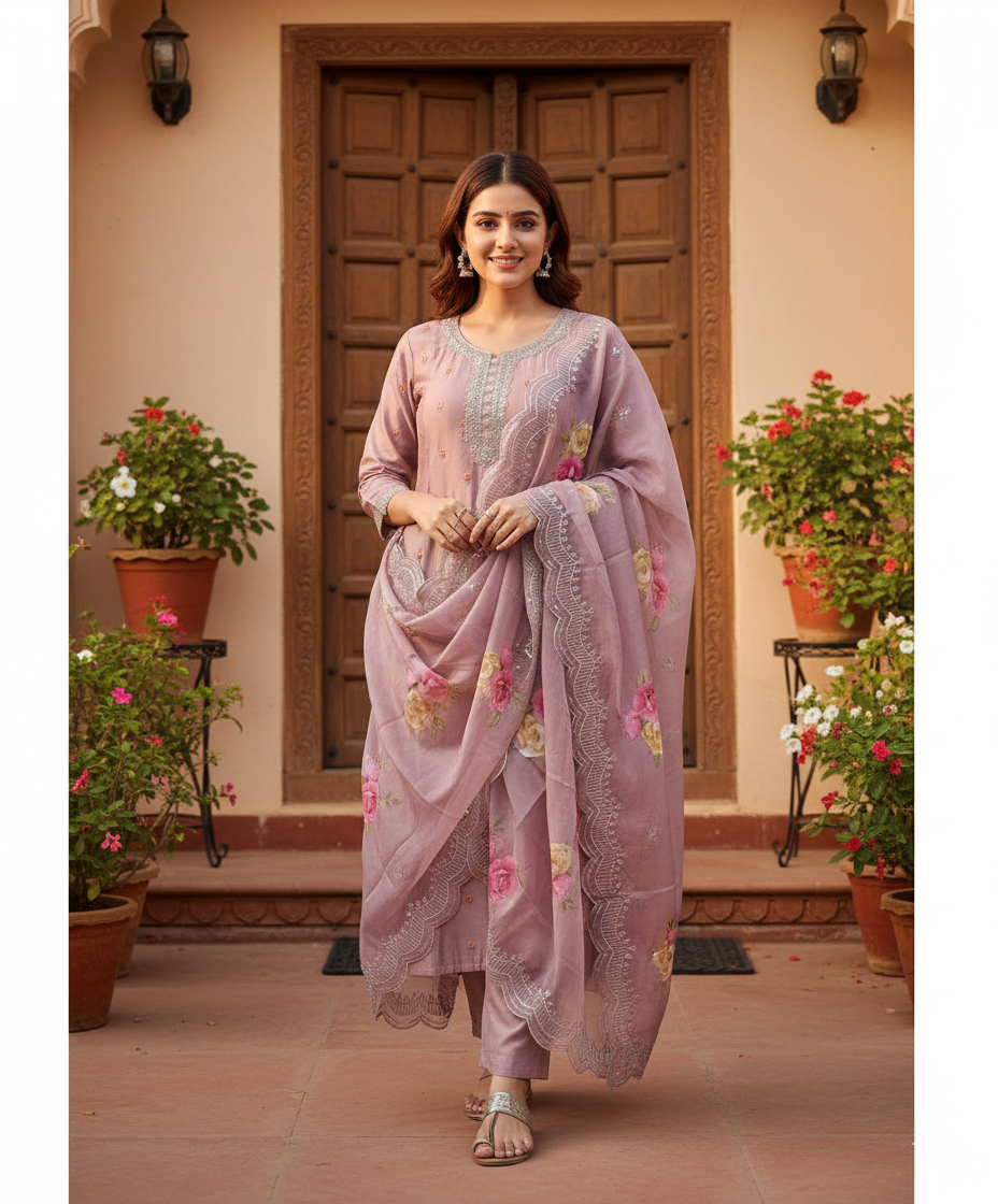 Plus size Lavender-Mauve Floral Embroidered Organza Kurta Set