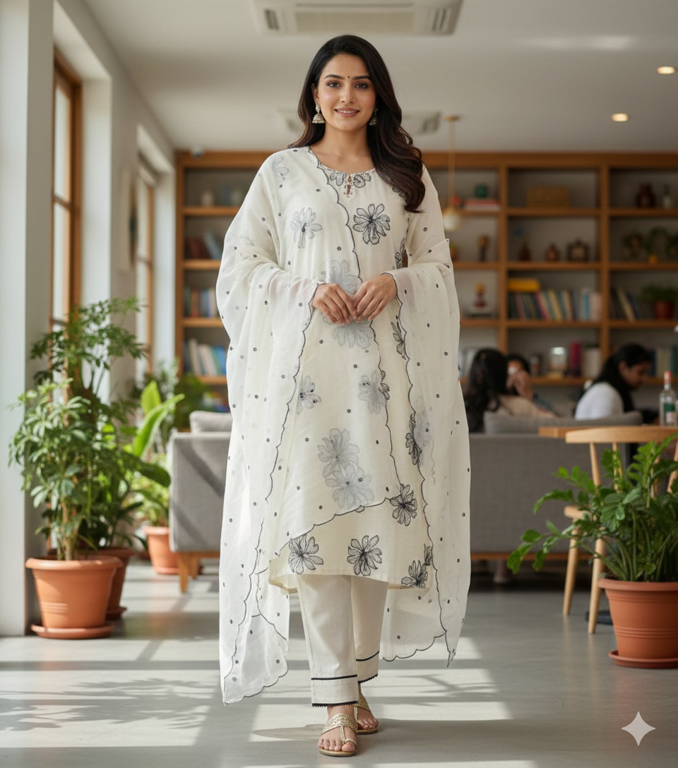 Plus size Ethereal Cream Floral Embroidered Kurta Set with Scalloped Dupatta