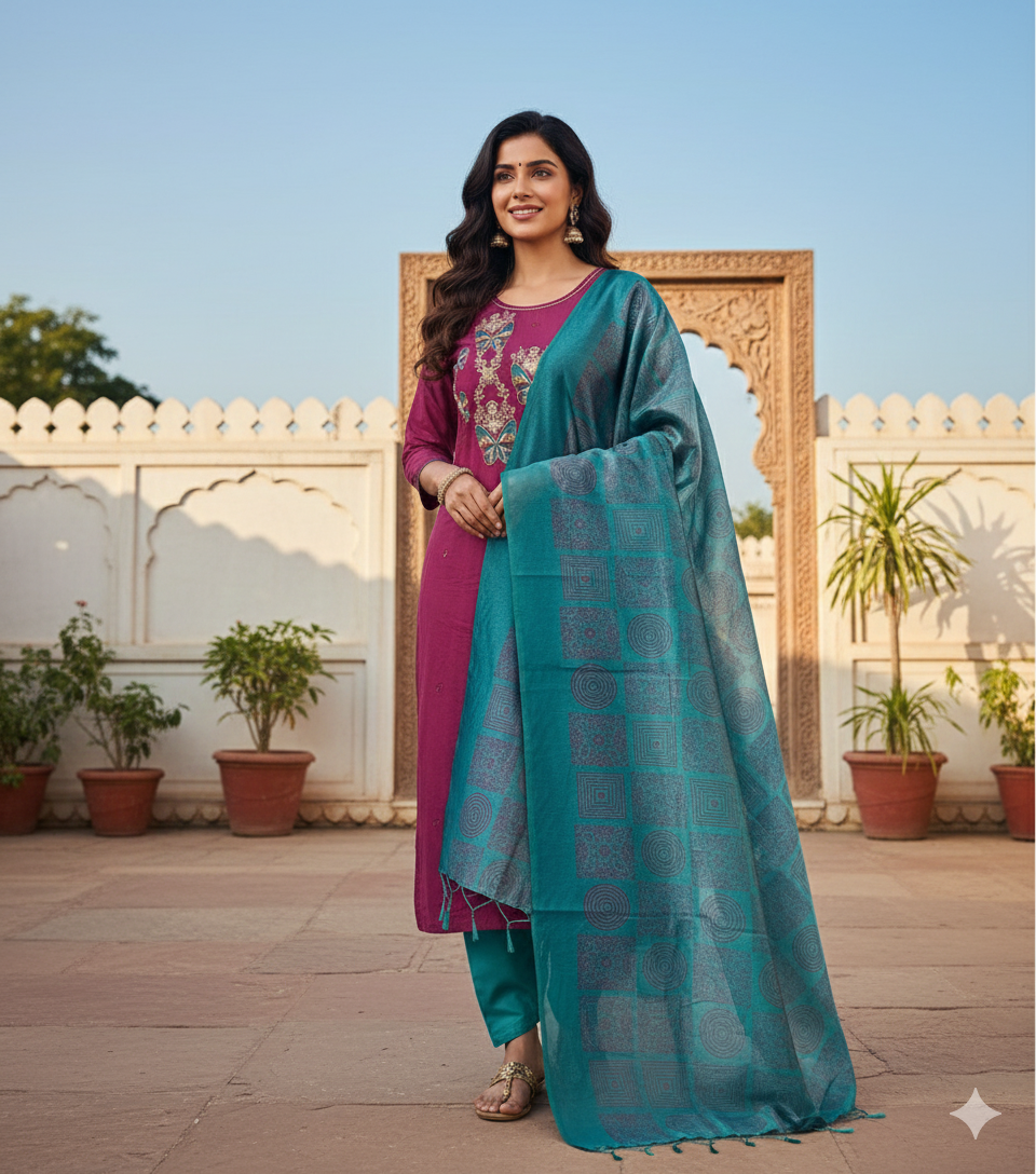 Plus size Royal Magenta &amp; Teal Silk Brocade Set