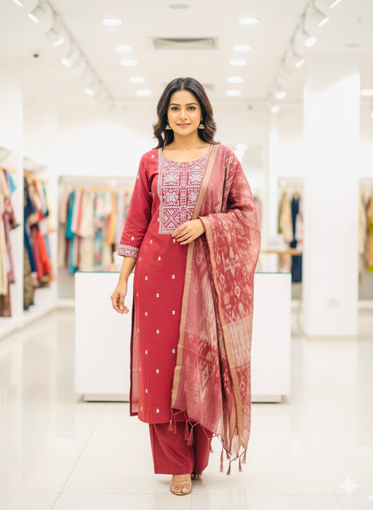 Mahogany soft Embroidered Cotton Suit