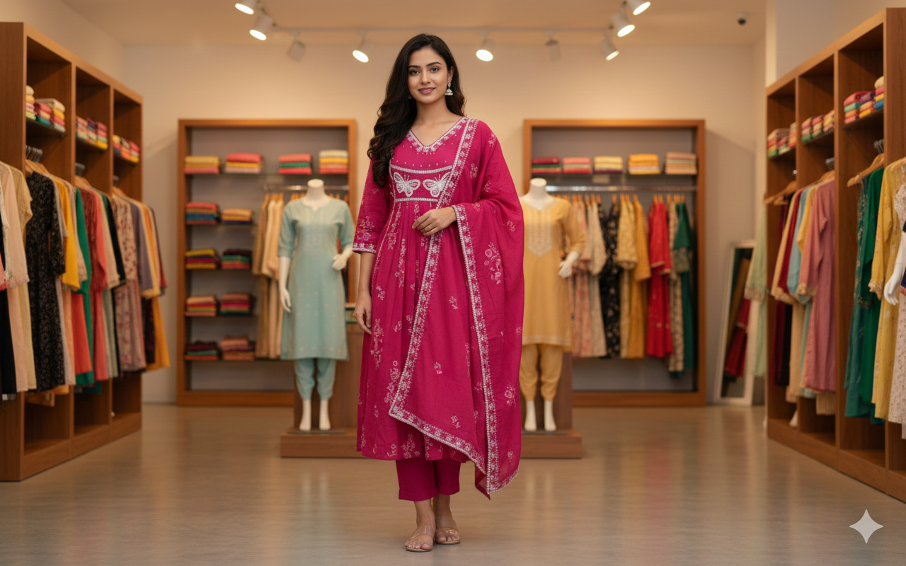 Magenta Pink Suit with White Thread Embroidery