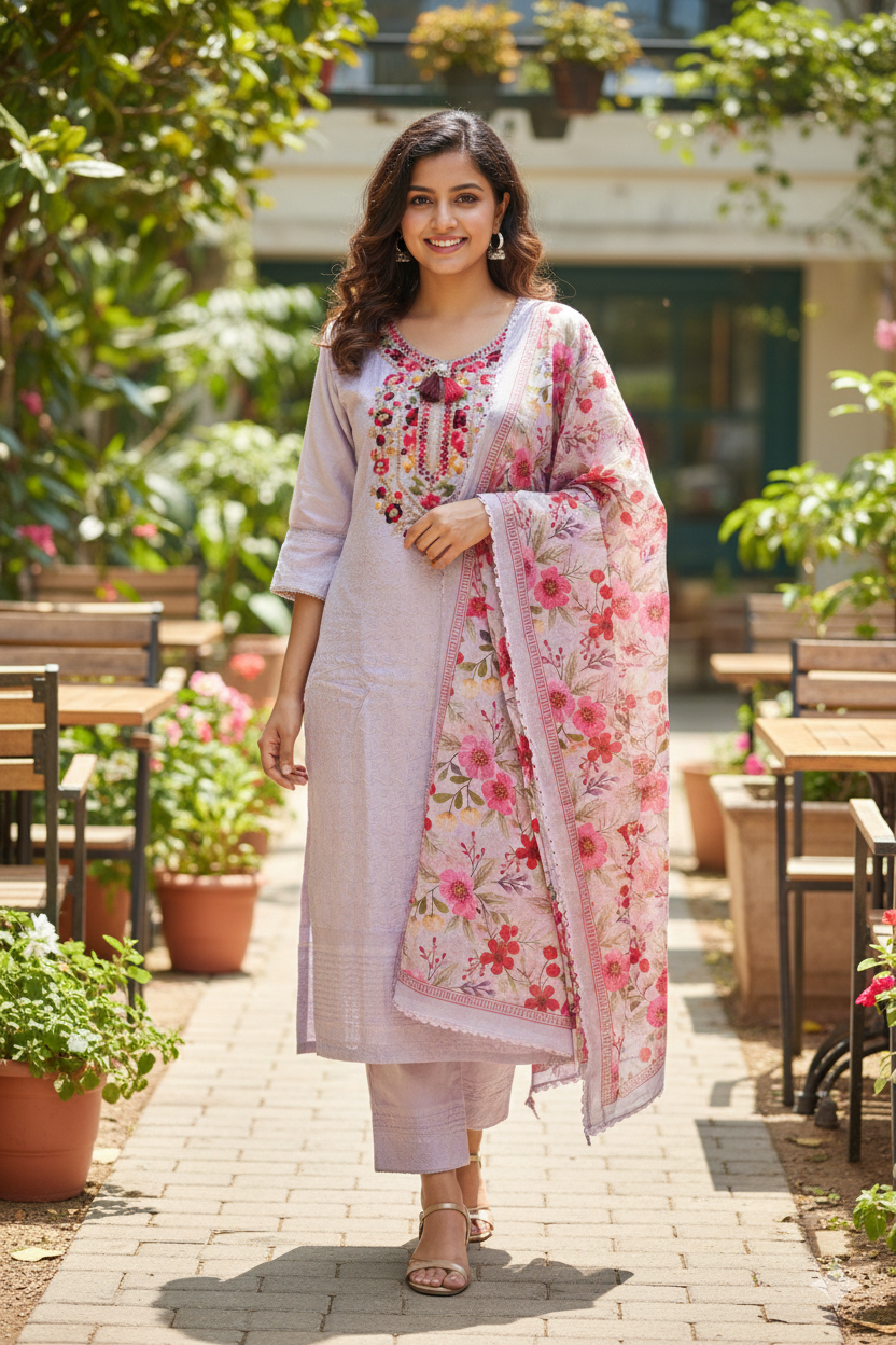 Lilac Floral Embroidered Suit Set with Printed Dupatta