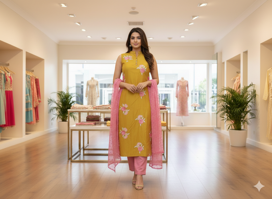 Collared mustard top and pink bloom embroidered salwar suit