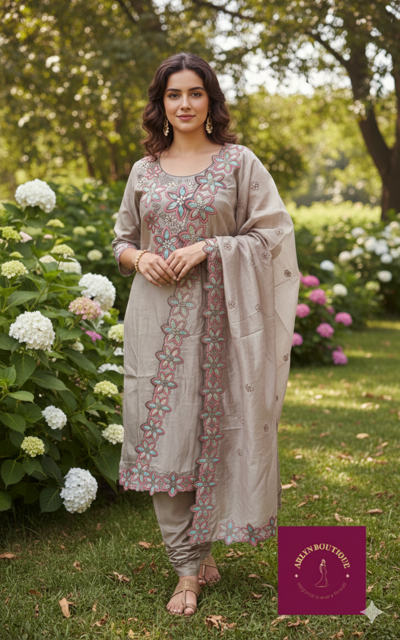 Taupe Beige Embroidered Three-Piece Suit