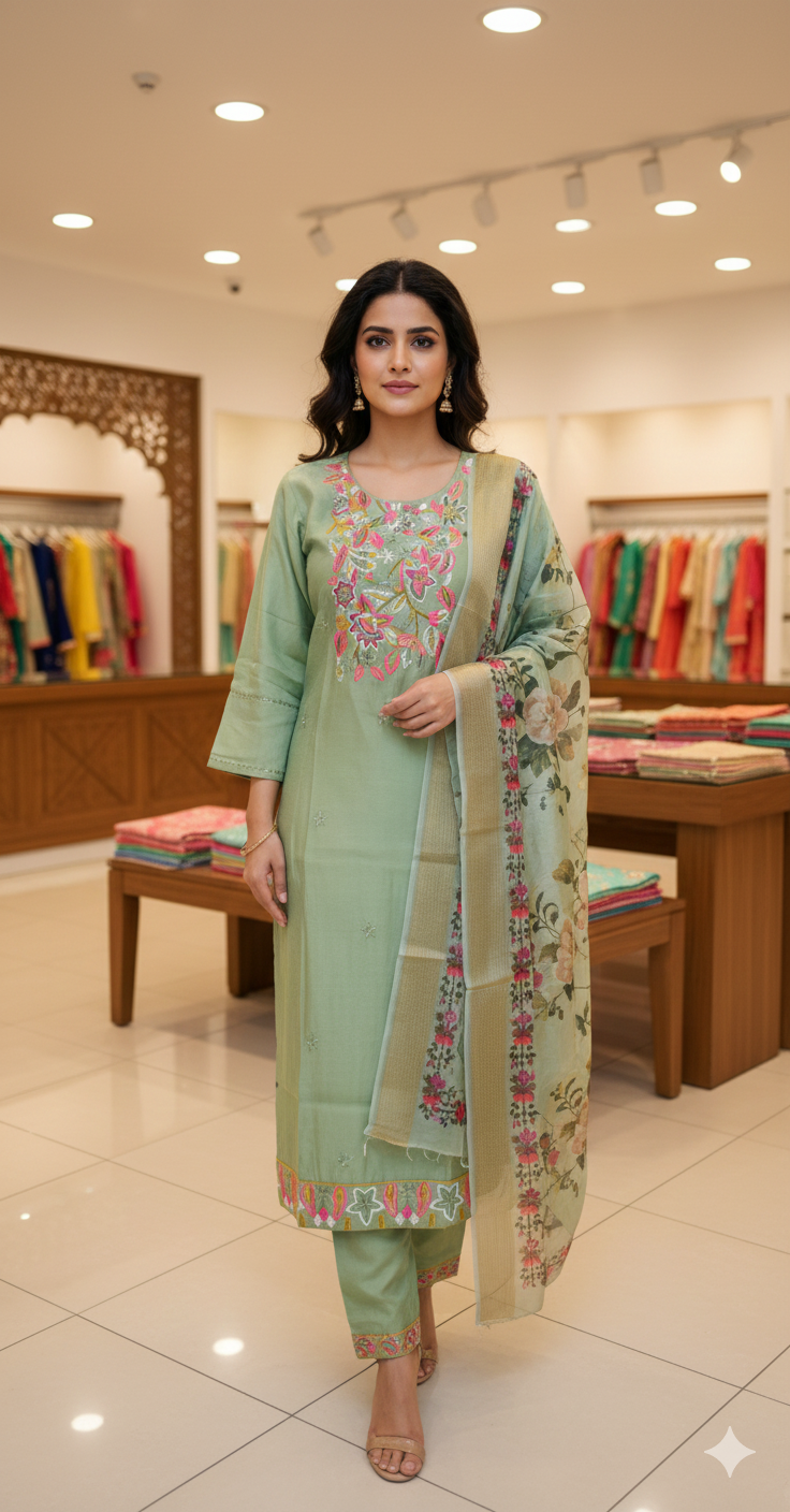 Pastel Green Floral Embroidered Salwar Suit Set- single piece collection
