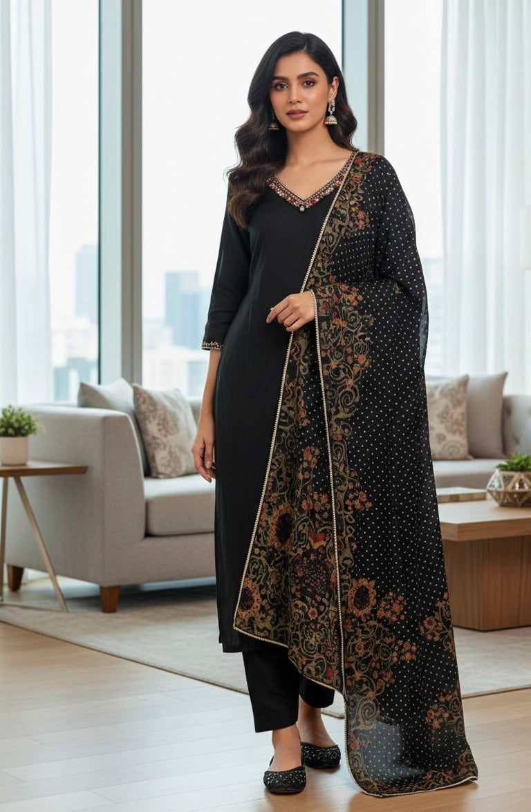 Midnight Noir Embroidered Kurta Set with Kalamkari-Style Dupatta