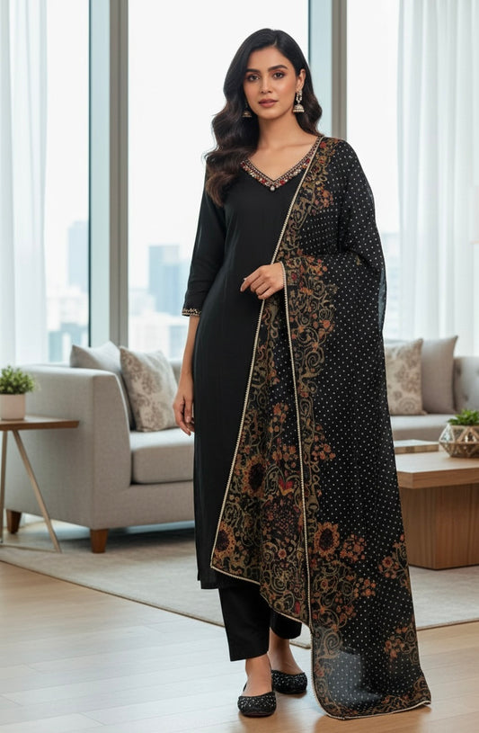 Midnight Noir Embroidered Kurta Set with Kalamkari-Style Dupatta
