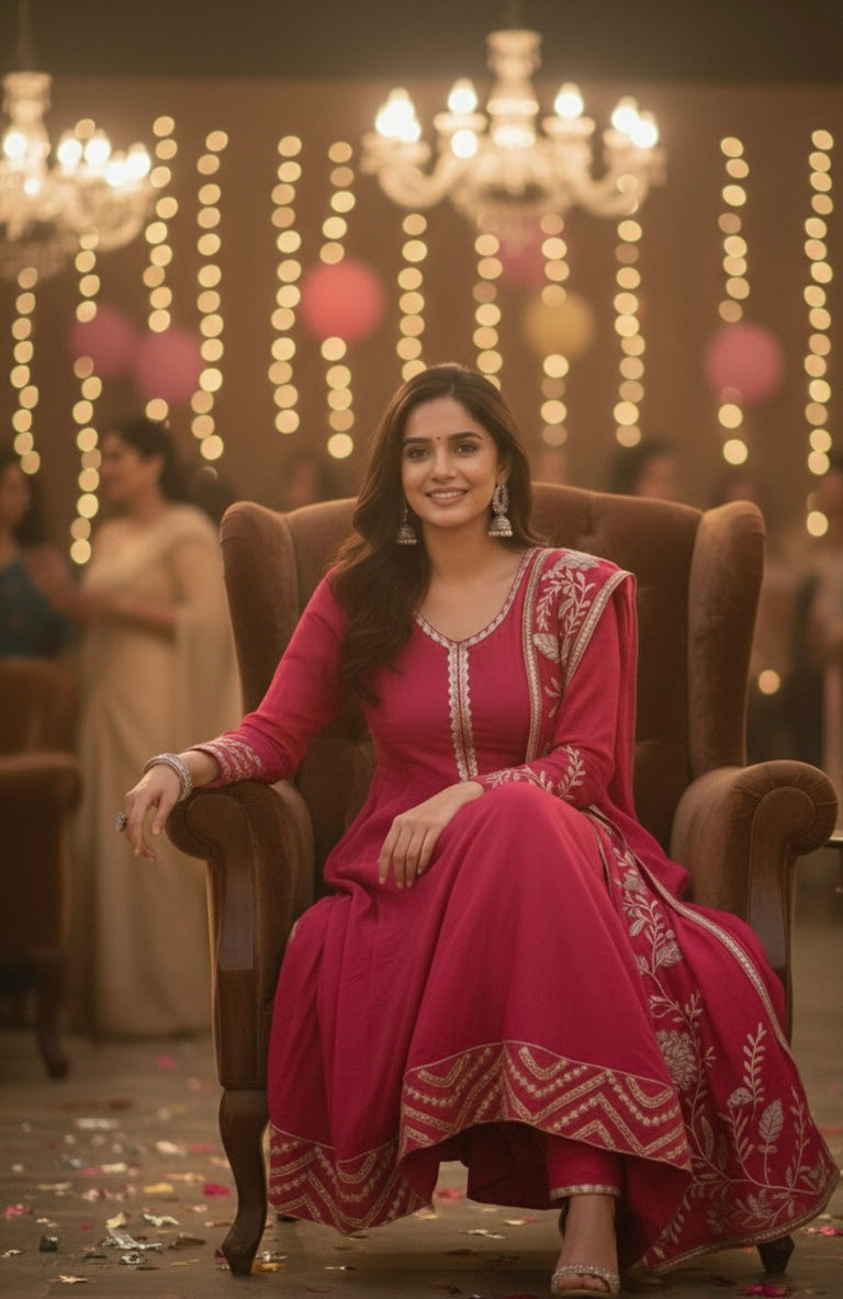 Rani pink/Dusty Rose Embroidered Anarkali Set