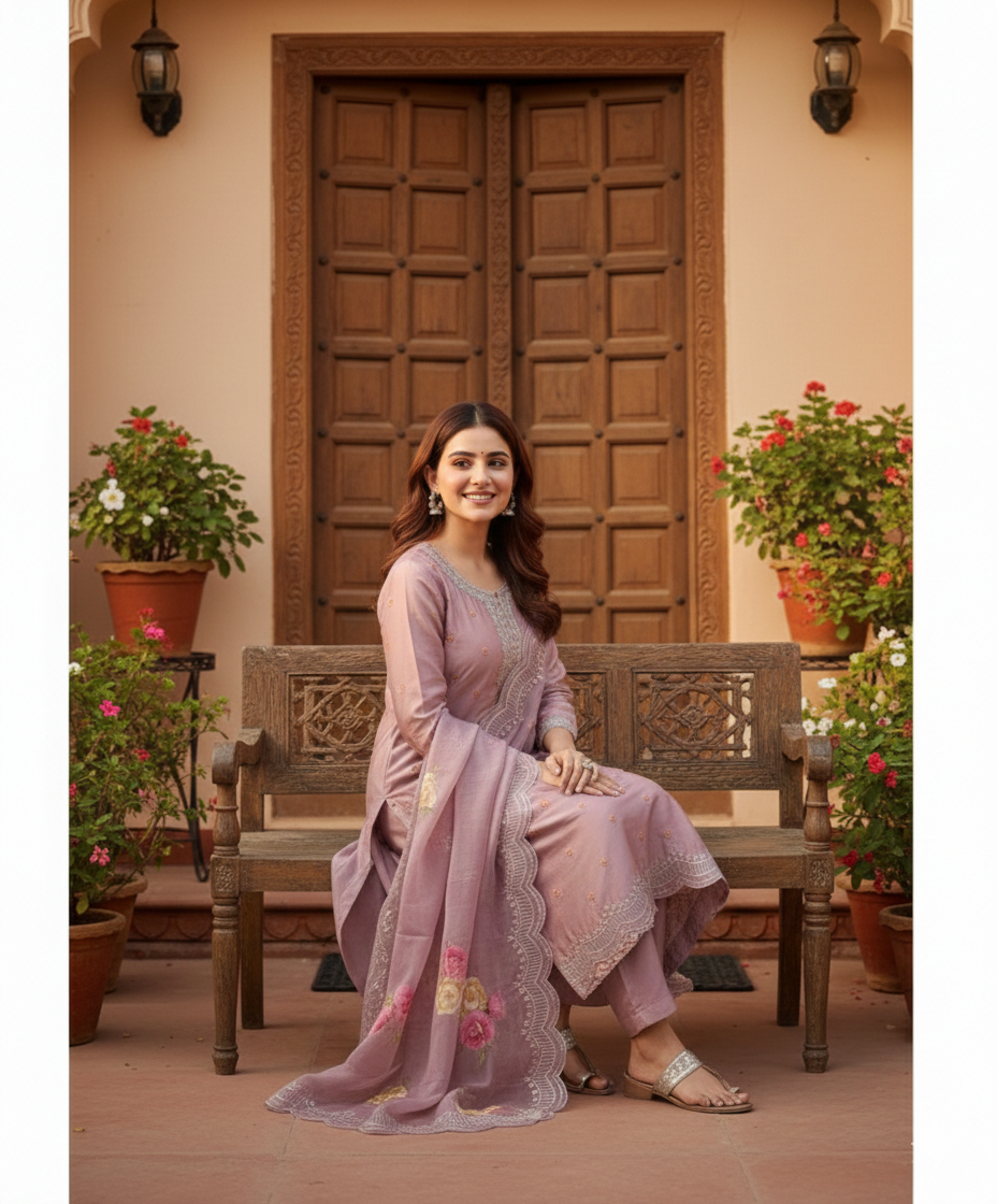 Plus size Lavender-Mauve Floral Embroidered Organza Kurta Set
