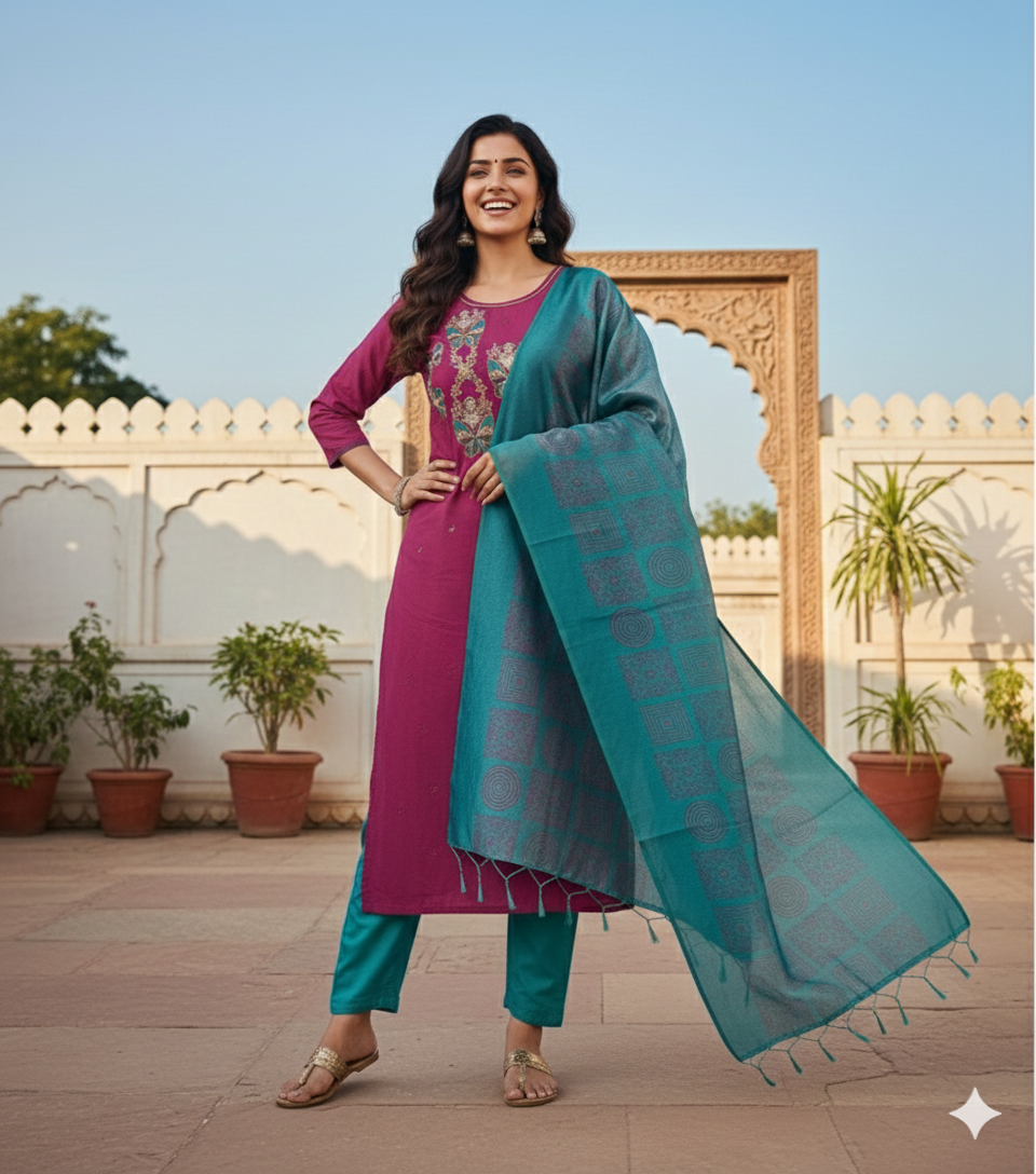Plus size Royal Magenta &amp; Teal Silk Brocade Set