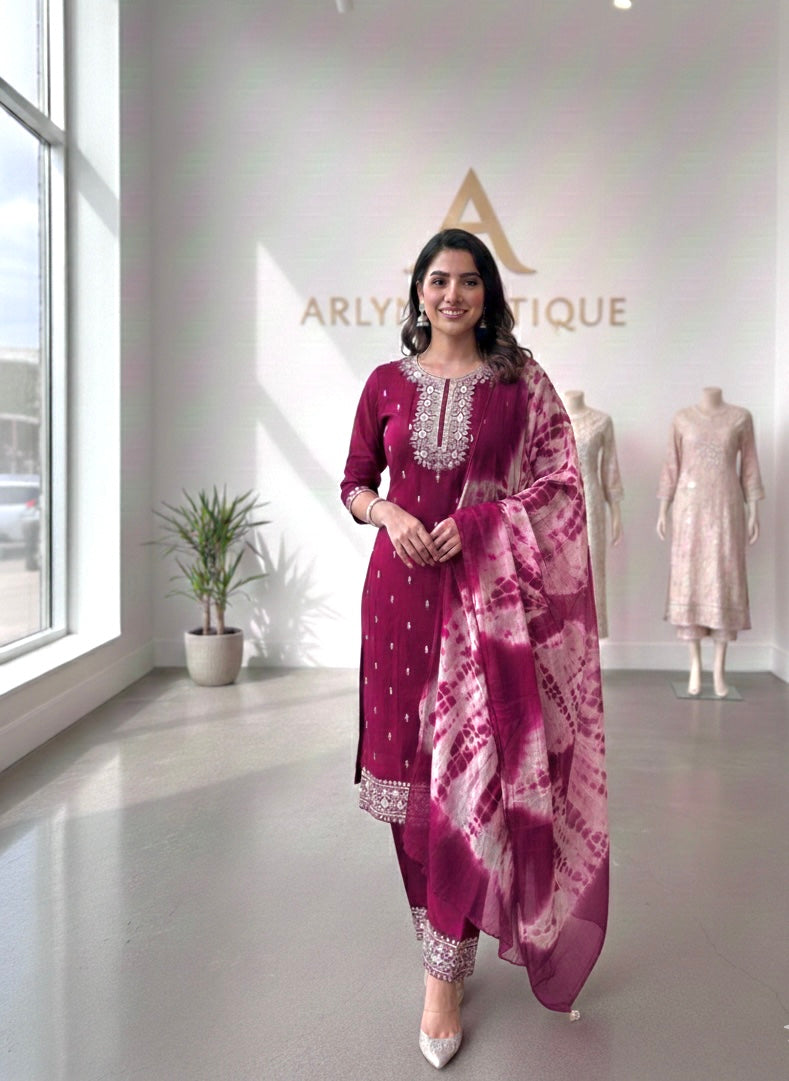 Maroon & Ivory Hand-Dyed Shibori Suit Set with Embroidered Accents